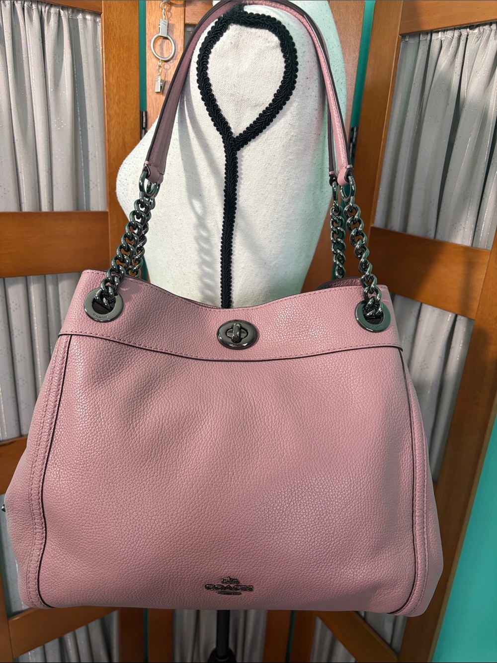 Coach Edie Pink Pebbled Leather Shoulder Bag with Gunmetal Chains